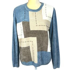 Alfred Dunner Women's Patchwork Sweater Long Sleeve Crew Neck Blue Tan Knit M